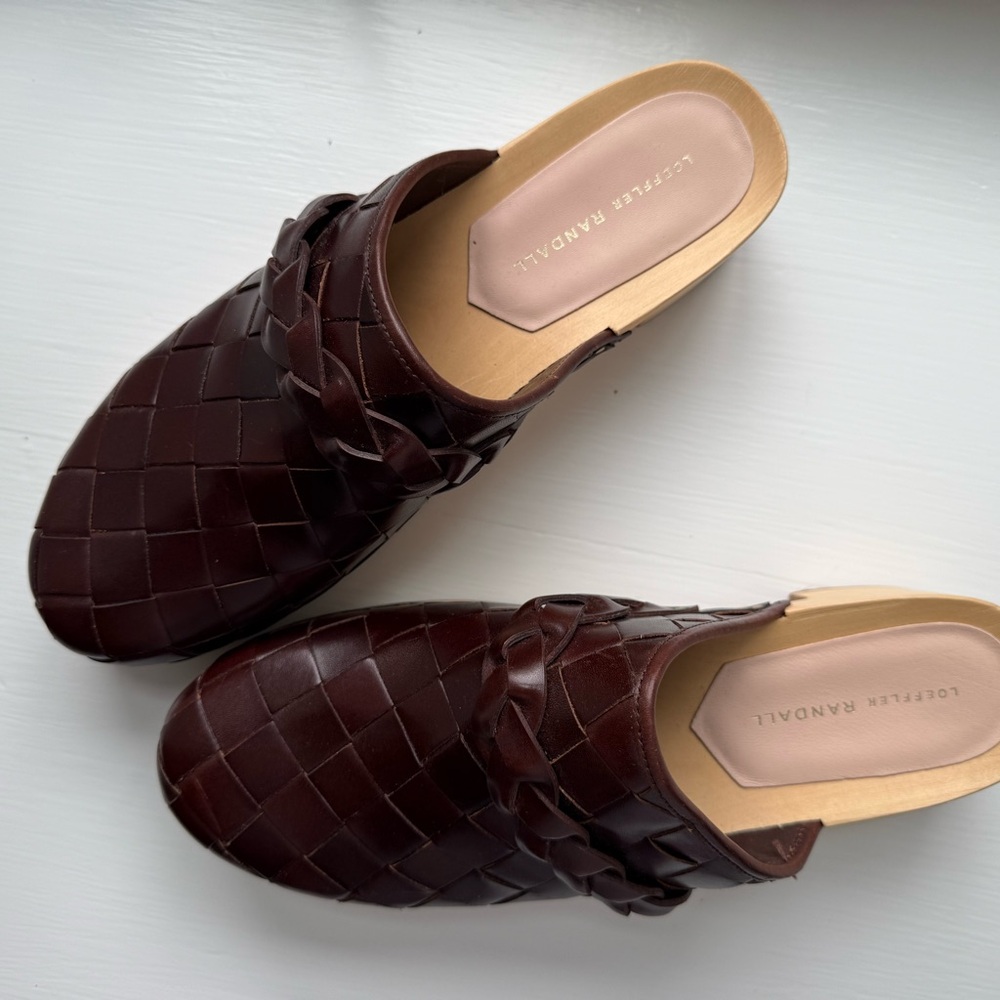Loeffler Randall Anthropologie Polina Clogs Leather Woven Brown Wooden Size 11